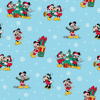 (Remnant 18") Mickey and Friends Christmas Day Blue Fabric to sew - QuiltGirls®