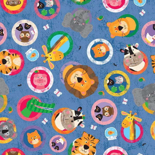 Noah and Friends Animal Toss Blue Fabric to sew - QuiltGirls®