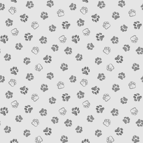 A Day in the Park Dog Paw Prints on Light Grey Fabric to sew - QuiltGirls®