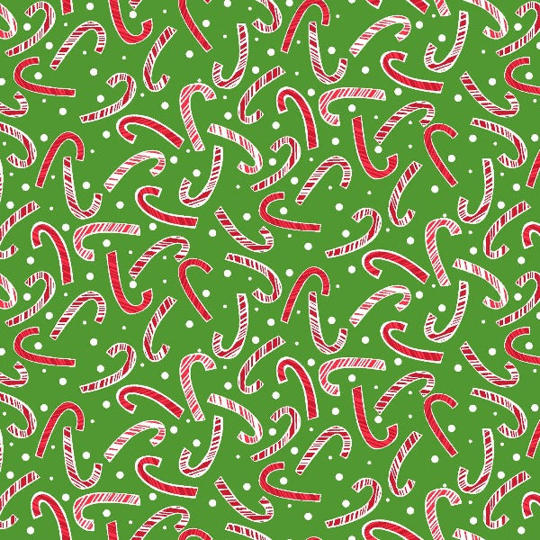 All the Trimmings Candy Canes on Green Fabric to Sew - QuiltGirls®