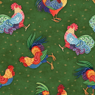 Rooster Toss on Green Fabric to sew - QuiltGirls®