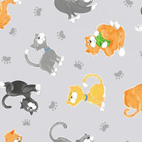 (Remnant 18") Susybee's Kitty the Cat Toss on Gray Fabric to sew - QuiltGirls®