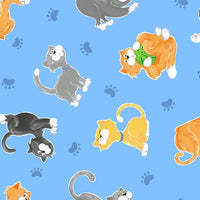 (Remnant 18") Susybee's Kitty the Cat Toss on Blue Fabric to sew - QuiltGirls®