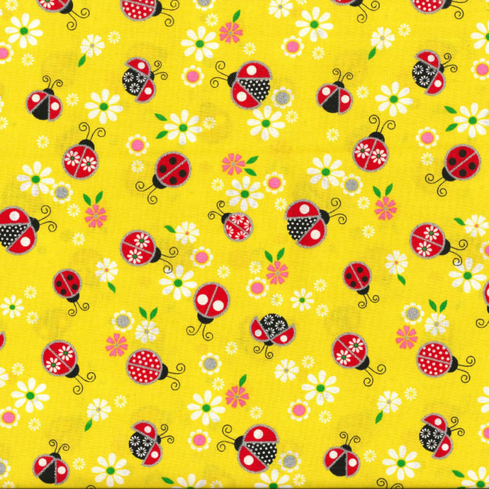 YELL Lady Bug on Yellow Glitter Fabric to sew - QuiltGirls®