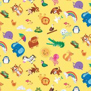 Noah and Friends Animal Toss on Yellow Fabric to sew - QuiltGirls®