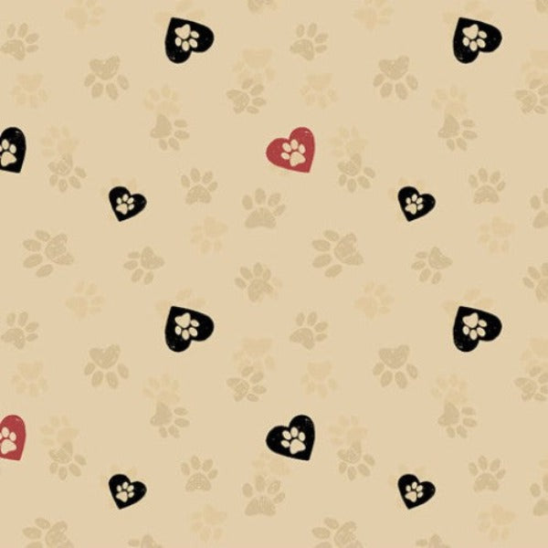 Paw Prints and Hearts on Tan Fabric to sew - QuiltGirls®