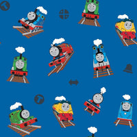 (Remnant 18") Thomas and Friends Toss on Blue Fabric to Sew - QuiltGirls®