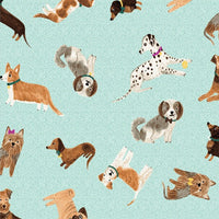 (Remnant 18") Uptown Dogs on Aqua Fabric to sew - QuiltGirls®