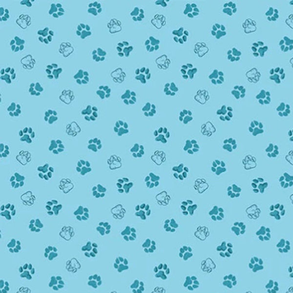 A Day in the Park Dog Paw Prints on Blue Fabric to sew - QuiltGirls®