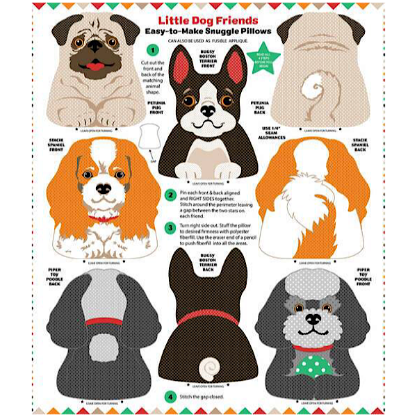 Little Dog Friends Snuggle Pillow Panel to sew - QuiltGirls®