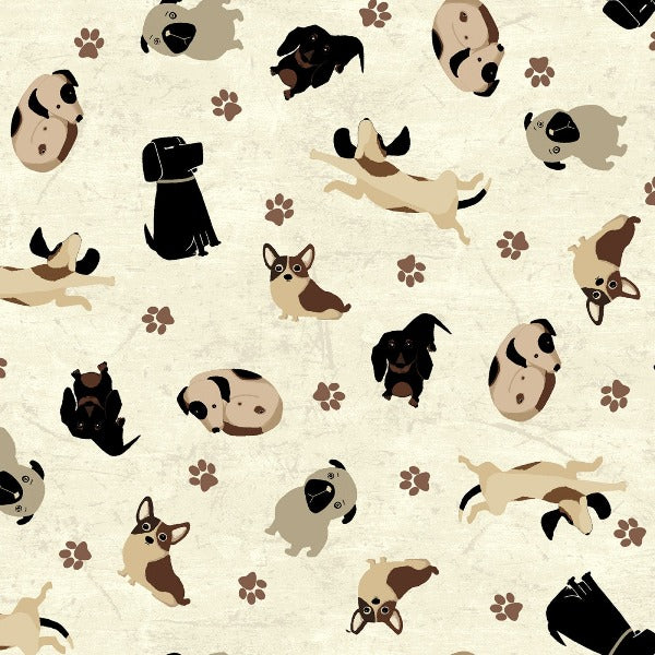 A Dog's Life Dog Toss on Cream Fabric to sew - QuiltGirls®