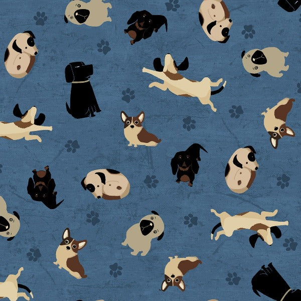 A Dog's Life Dog Toss on Blue Fabric to sew - QuiltGirls®