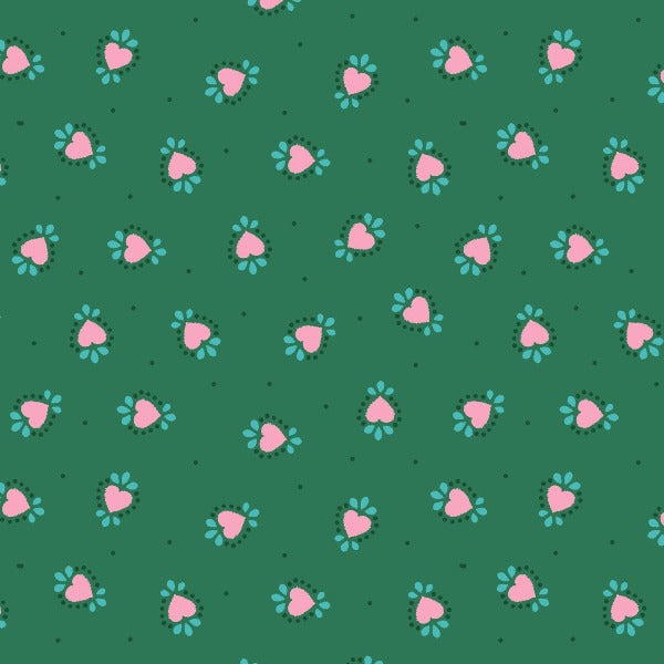 GRN Bo Ho Hearts on Green Fabric to sew - QuiltGirls®