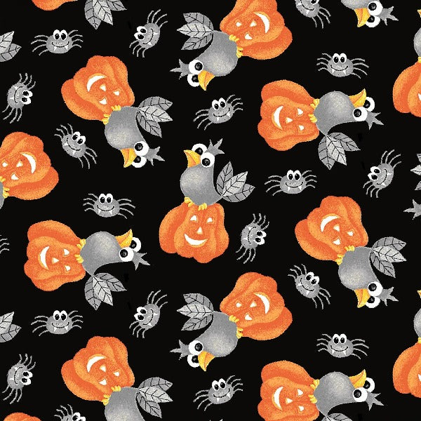 Boo! Glow in the Dark Pumpkins on Black Fabric to sew - QuiltGirls®