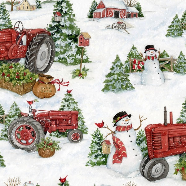 Snowman & Tree on Truck Christmas Quilt Panel Cotton Fabric