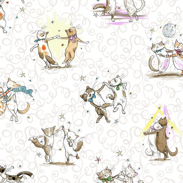 Dancing Cats on White Fabric to sew - QuiltGirls®