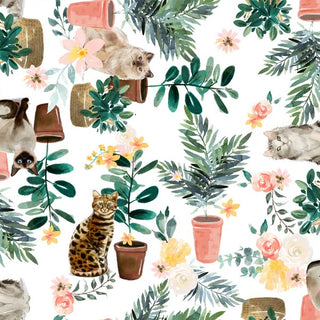 Everyday is Caturday Plants on White Fabric to sew - QuiltGirls®