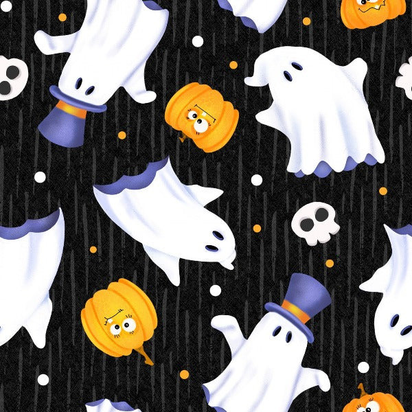 Ghostly Glow Ghosts Tossed on Black Fabric to sew - QuiltGirls®