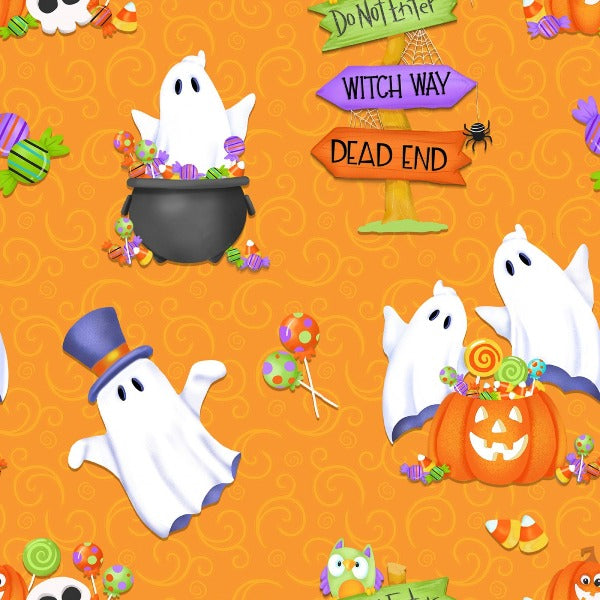 Ghostly Glow Ghosts, Pumpkins, and Candy on Orange Fabric to sew - QuiltGirls®