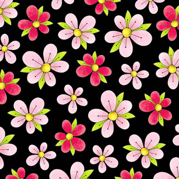 BLK Miss Kitty's Colors Pink Flowers on Black Fabric to sew - QuiltGirls®