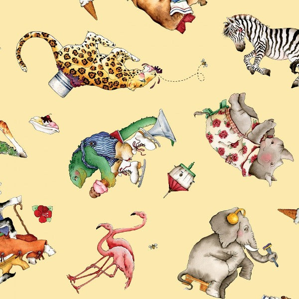 Hungry Animal Alphabet Toss on Yellow Fabric to Sew - QuiltGirls®