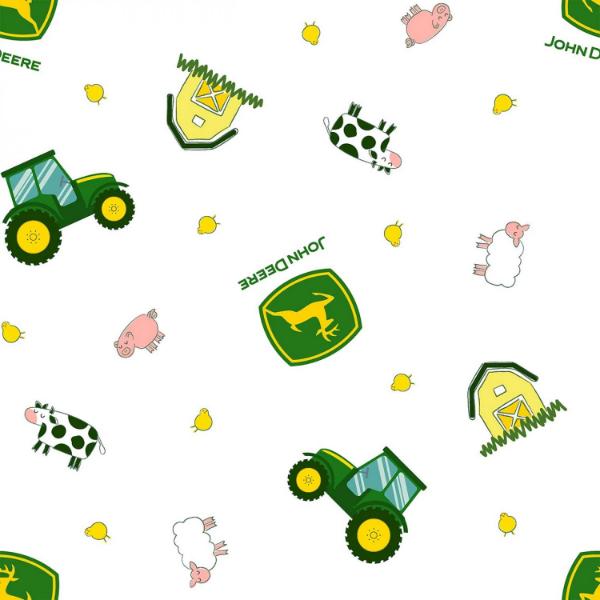 John Deere Tractor Toss on White Fabric to sew - QuiltGirls®