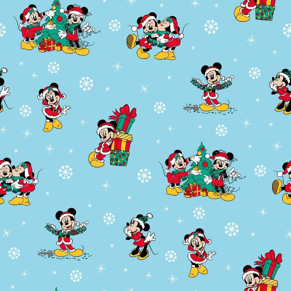 Mickey and Minnie Christmas Day Blue Fabric to sew - QuiltGirls®