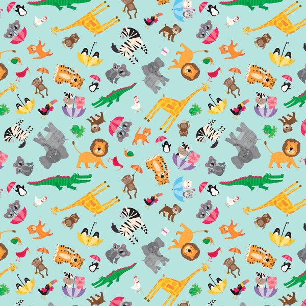 Noah and Friends Animal Menagerie on Blue Fabric to sew - QuiltGirls®