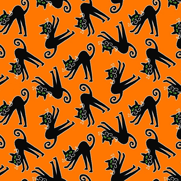 Here We Glow Halloween Black Cats on Orange Fabric to sew - QuiltGirls®