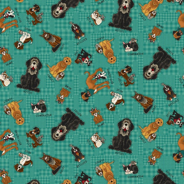 Rescued and Loved Animal Toss Teal Fabric to sew - QuiltGirls®