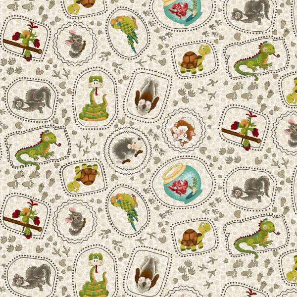 Rescued and Loved Small Critters on Stone Fabric to sew - QuiltGirls®
