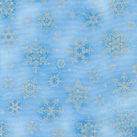 Snowflakes on Sky Blue Metallic Fabric to Sew - QuiltGirls®