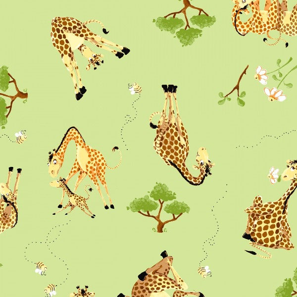 Susybee's Giraffe Toss on Green Fabric to sew - QuiltGirls®